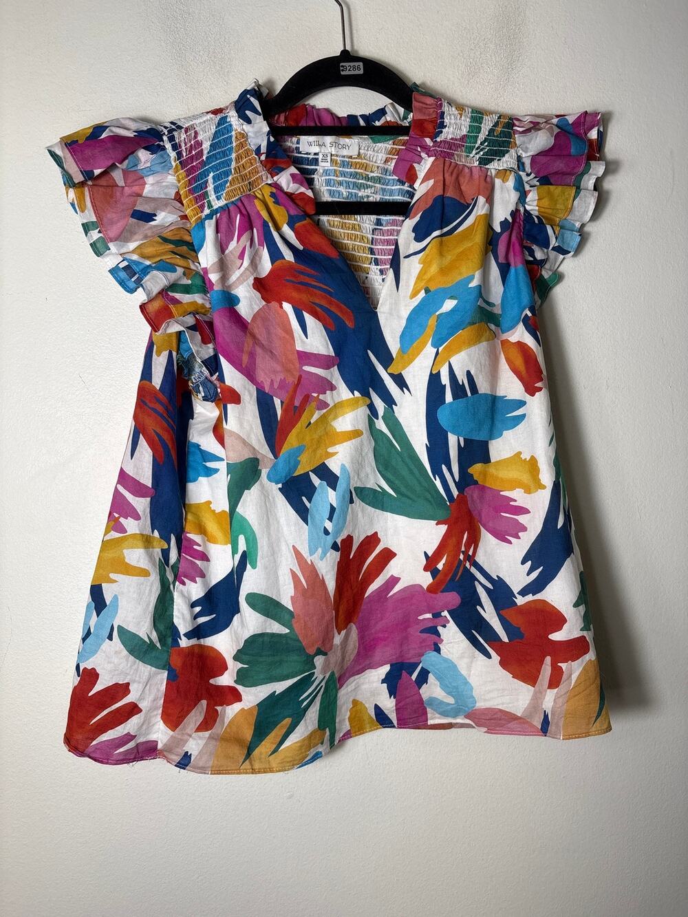 Willa Story Multicolor Flutter Sleeve Smocked Cotton Top Sz XS
